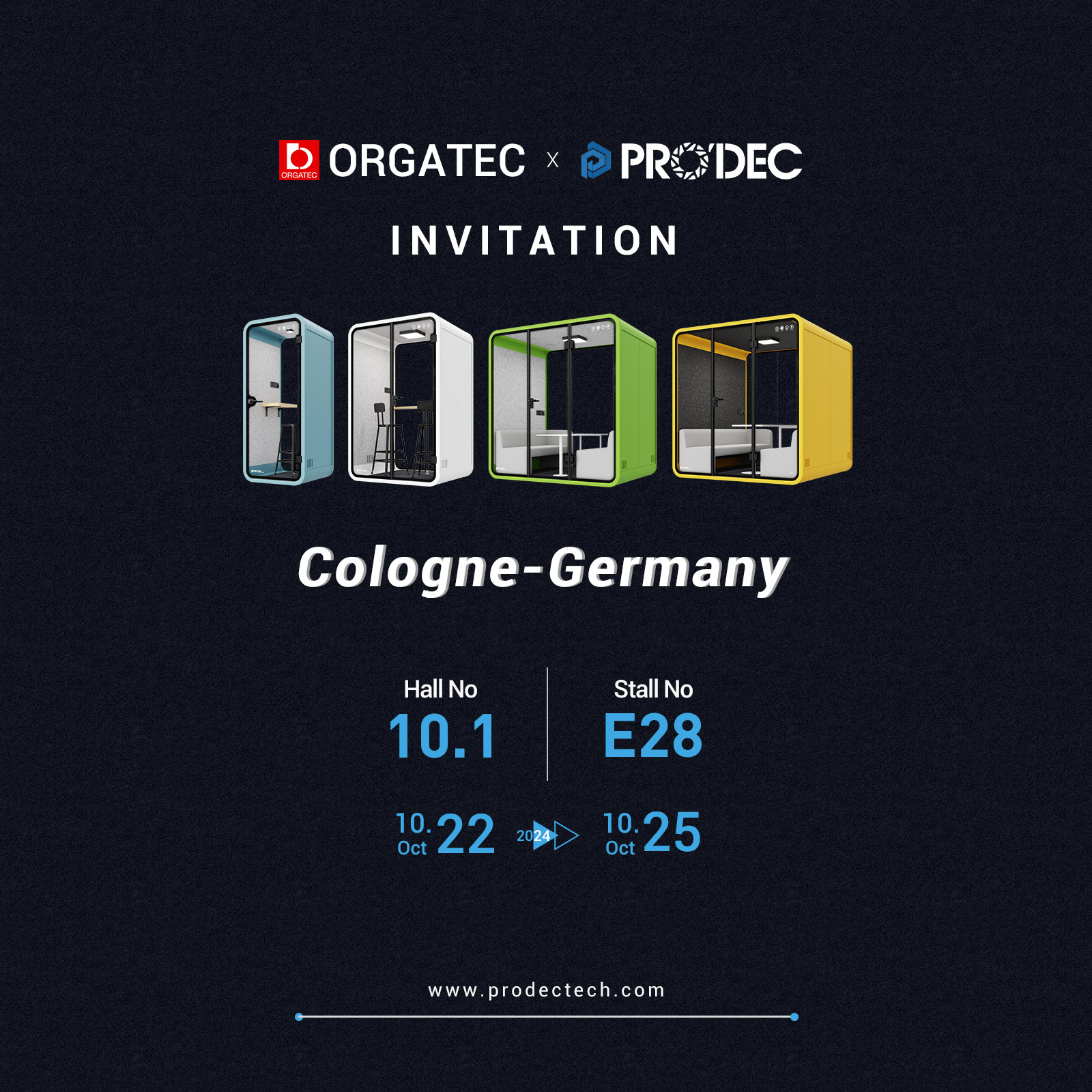 Invitation to Visit Prodec at ORGATEC 2024 – Phone Booths, Meeting Pods, and Soundproof Booths