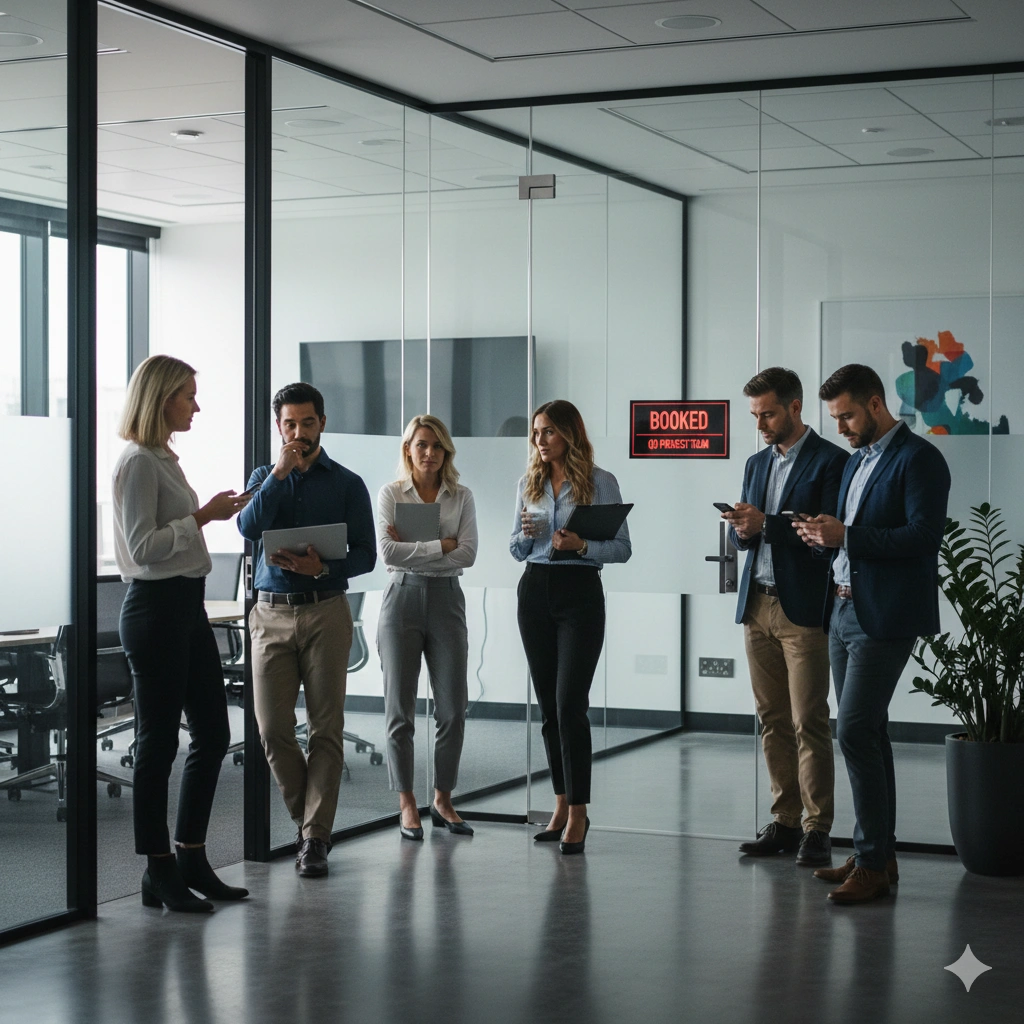 Office workers waiting outside a booked conference room.webp